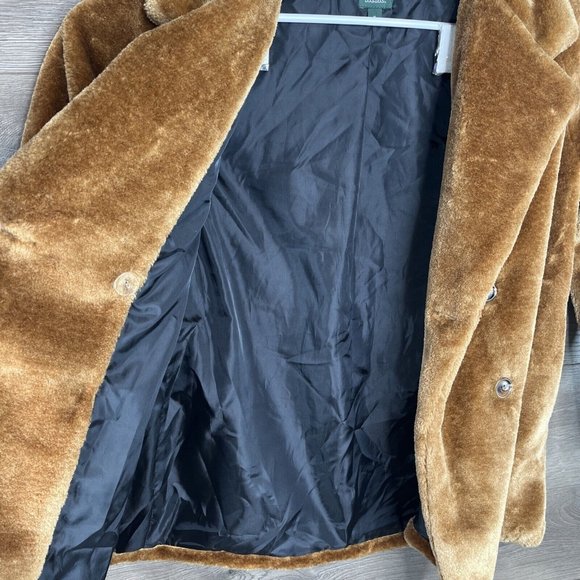 Wild Fable Fuzzy Coat Womans M Carmel Cognac Double Breasted Seam Pockets Lined - Picture 8 of 12